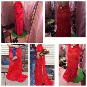 Red strapless prom dress.